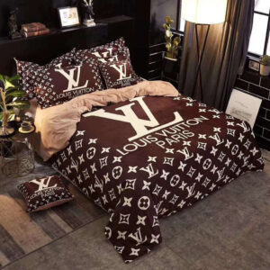 Luxury Louis Vuitton Paris Logo in Maroon Background Bedding Set