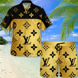 LV Yellow Black Pattern Luxury Brand Fashion Hawaii Set For Men TH3200204