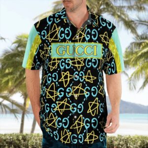 GC light blue yellow pattern black luxury brand premium fashion hawaii shirt for men PEA31226