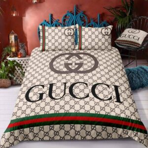 Gucci Logo In Monogram Background With Signature Stripe Bedding Set Queen